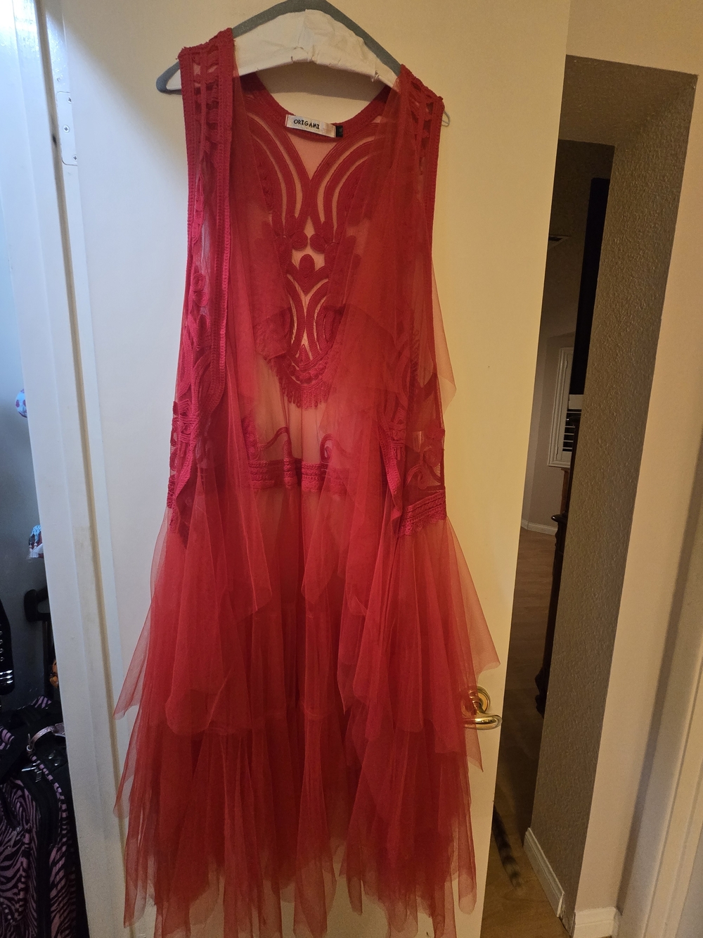 Origami Red Sheer Layered Tulle Long Vest